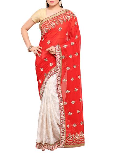 red georgette half & half saree with blouse - 15016902 - Very Small Image - 1