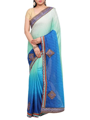 sky blue georgette ombre saree with blouse - 15016934 - Very Small Image - 1