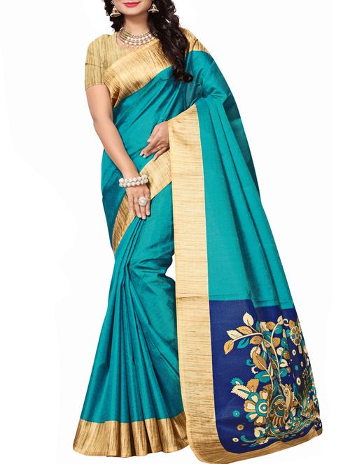 turquoise art silk bordered saree with blouse - 15016966 - Very Small Image - 1