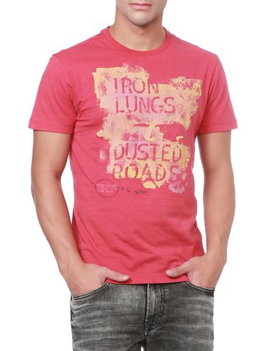 pink cotton chest print t-shirt - 15017066 - Very Small Image - 1