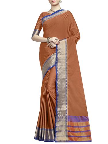 brown silk blend bordered saree with blouse - 15017130 - Very Small Image - 1