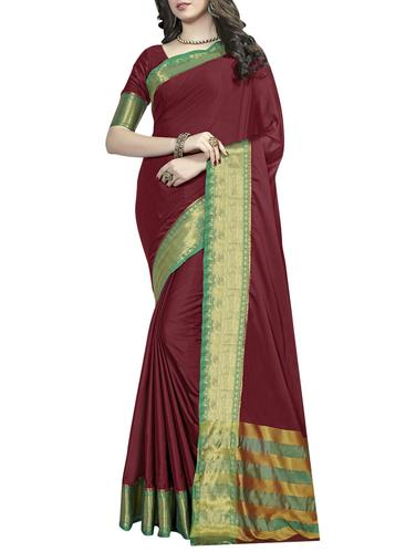 maroon silk blend bordered saree with blouse - 15017135 - Very Small Image - 1