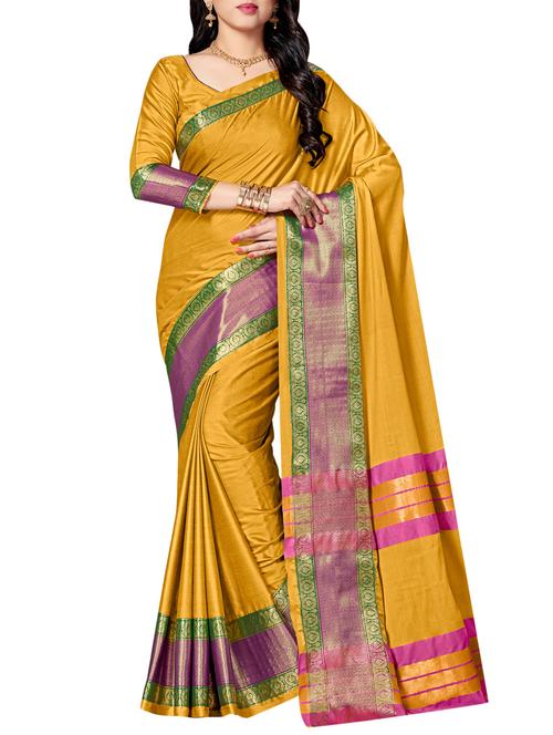 mustard silk blend bordered saree with blouse - 15017143 - Very Small Image - 1