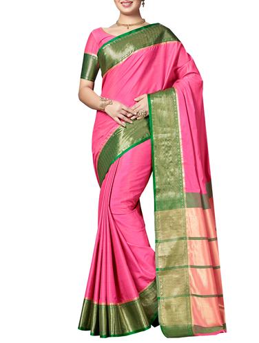 pink silk blend bordered saree with blouse - 15017164 - Very Small Image - 1