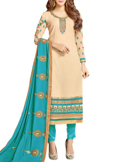 beige embroidered semi-stitched suit - 15017320 - Standard Image - 1