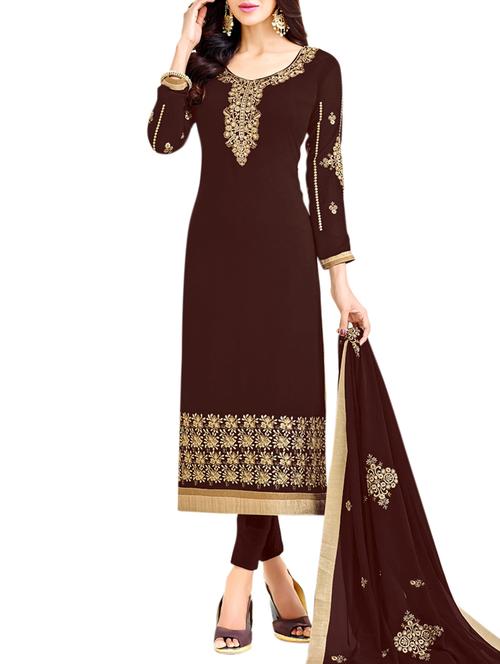 brown embroidered semi-stitched suit - 15017322 - Standard Image - 1