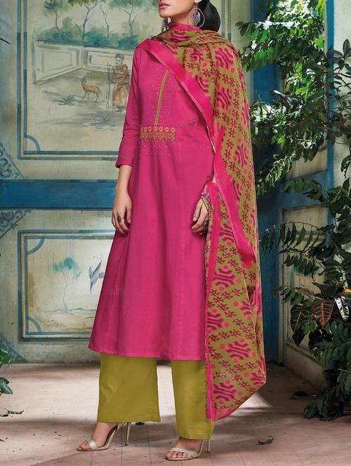 Pink cotton semi-stitched plazzo suit - 15017428 - Standard Image - 1
