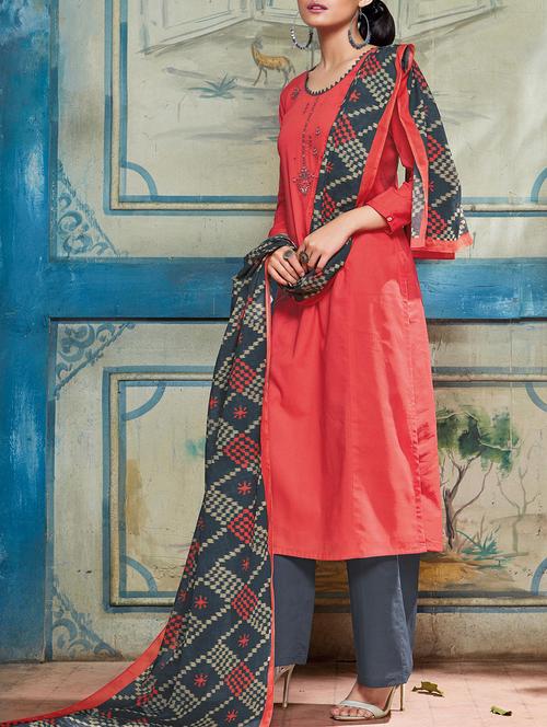 pink cotton unstitched palazzo suit - 15017430 - Standard Image - 1
