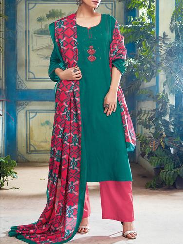 Green cotton unstitched palazzo suit - 15017431 - Very Small Image - 1