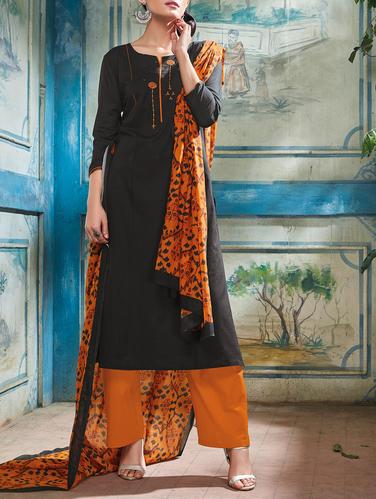 Black embroidered unstitched palazzo suit - 15017432 - Very Small Image - 1