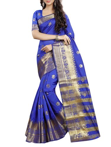 blue cotton silk kanjivaram saree with blouse - 15018108 - Very Small Image - 1