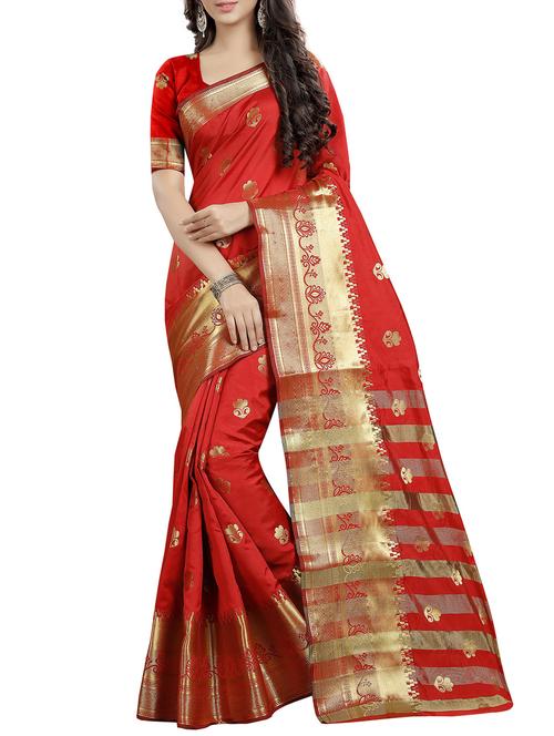 red cotton silk kanjivaram saree with blouse - 15018112 - Very Small Image - 1