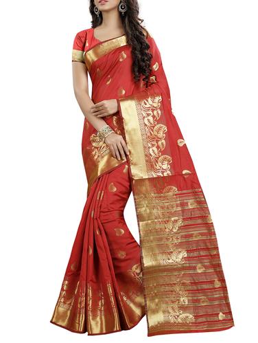 red cotton silk kanjivaram saree with blouse - 15018117 - Very Small Image - 1