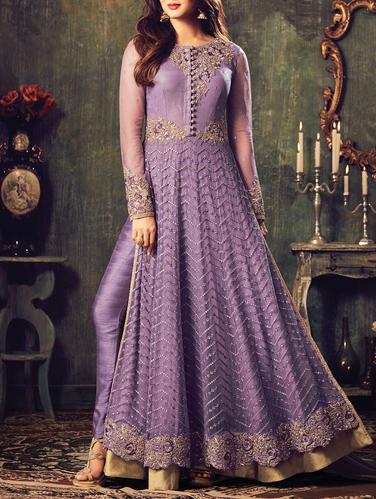 purple flared suit semi-stitched suit - 15018494 - Very Small Image - 1