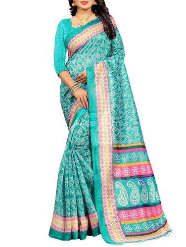 turquoise cotton silk printed saree with blouse - 15019089 - Very Small Image - 1
