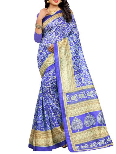 blue cotton silk printed saree with blouse - 15019091 - Very Small Image - 1
