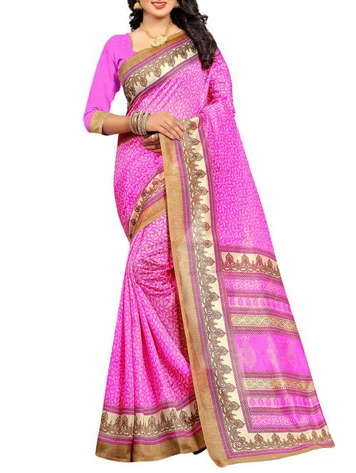 pink cotton silk printed saree with blouse - 15019094 - Very Small Image - 1