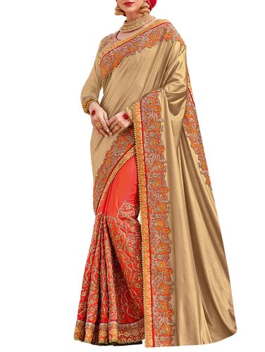 beige silk embroidered half & half saree with blouse - 15019113 - Very Small Image - 1