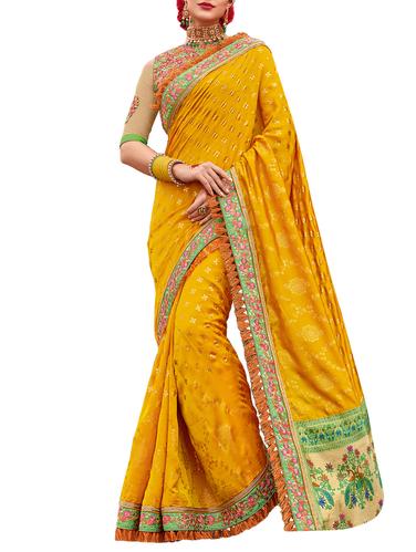 mustard satin woven saree with blouse - 15019114 - Very Small Image - 1