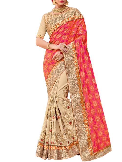 embroidered orange silk half & half saree with blouse - 15019117 - Standard Image - 1