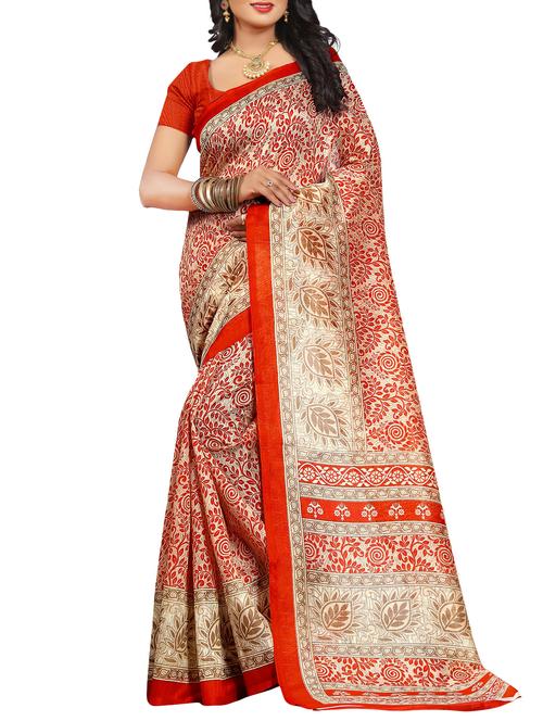 red cotton silk printed saree with blouse - 15019150 - Very Small Image - 1