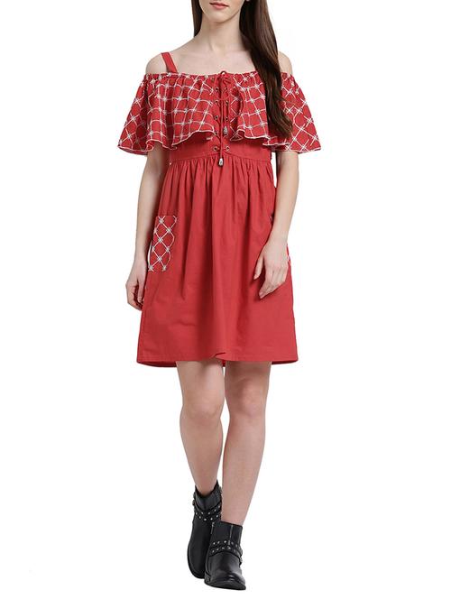 red cotton embroidered a-line dress - 15019192 - Standard Image - 1