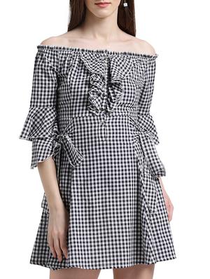black cotton checkered off-shoulder dress - 15019194 - Standard Image - 2