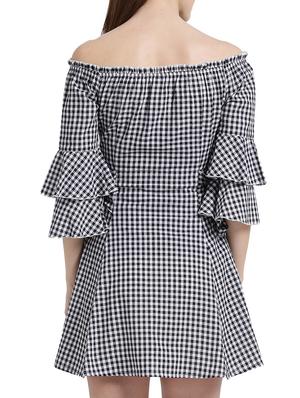 black cotton checkered off-shoulder dress - 15019194 - Standard Image - 4