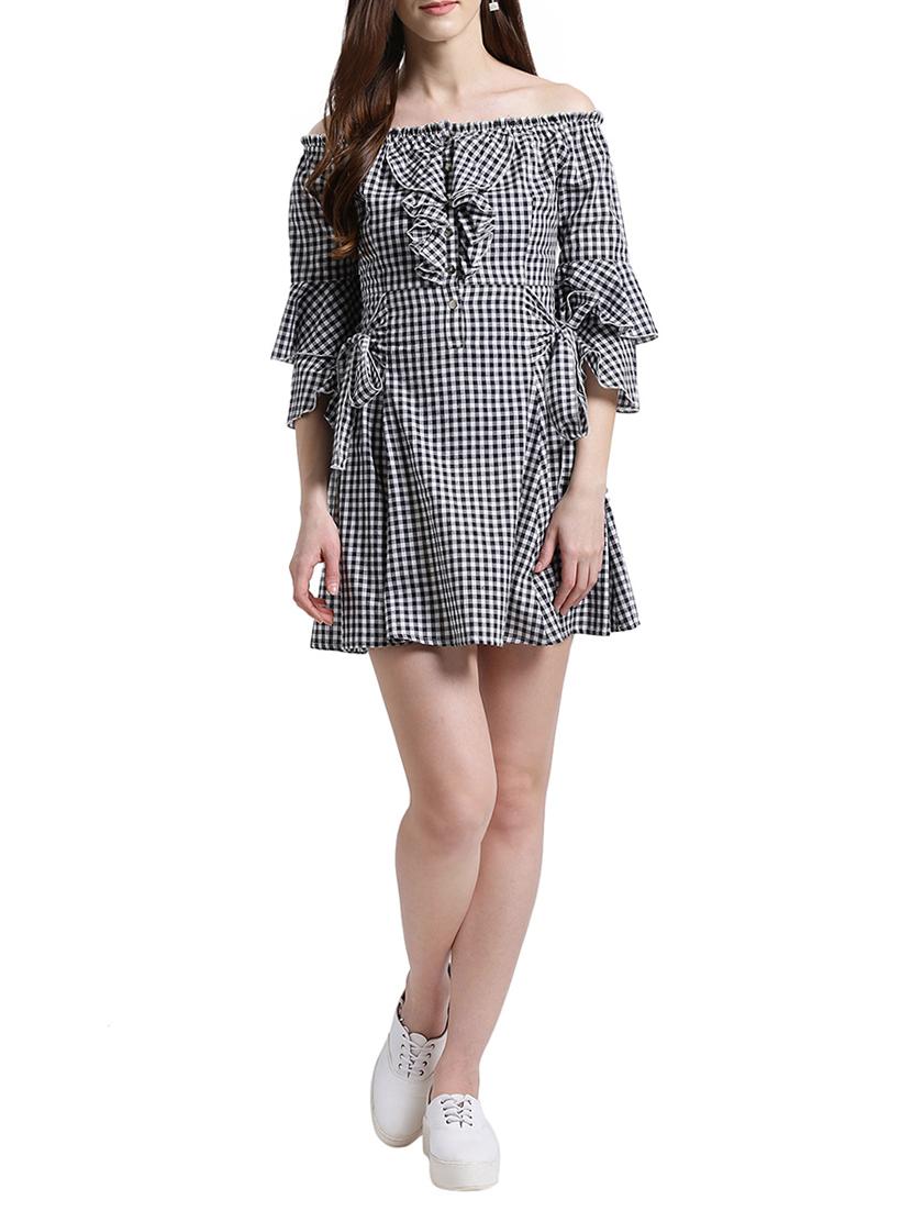black cotton checkered off-shoulder dress - 15019194 - Zoom Image - 1