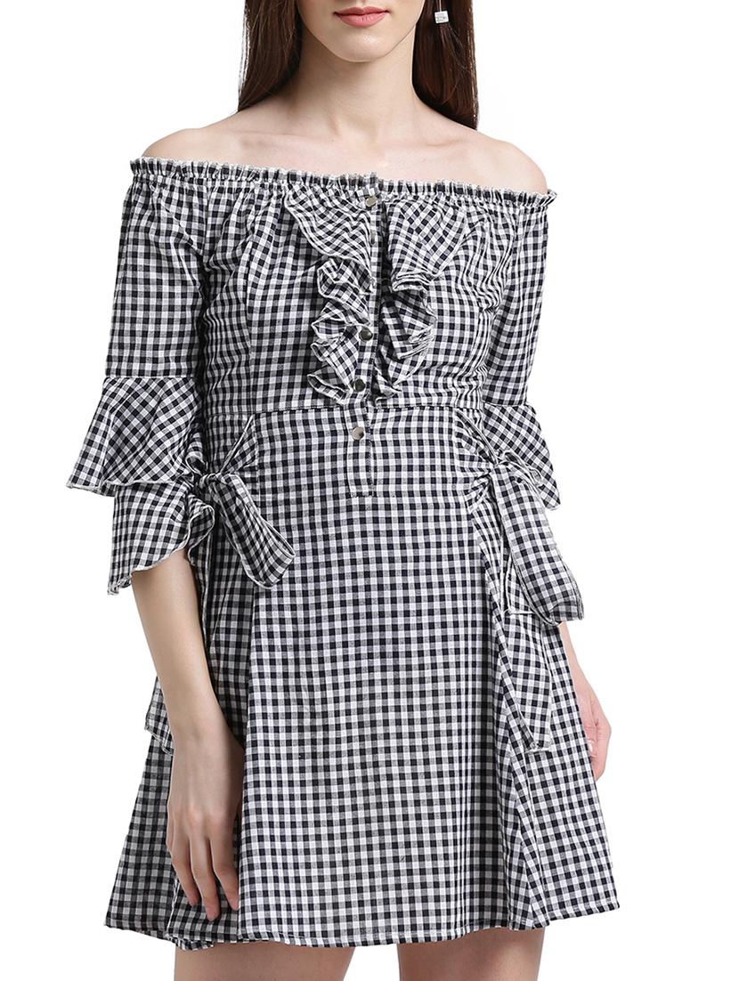 black cotton checkered off-shoulder dress - 15019194 - Zoom Image - 2