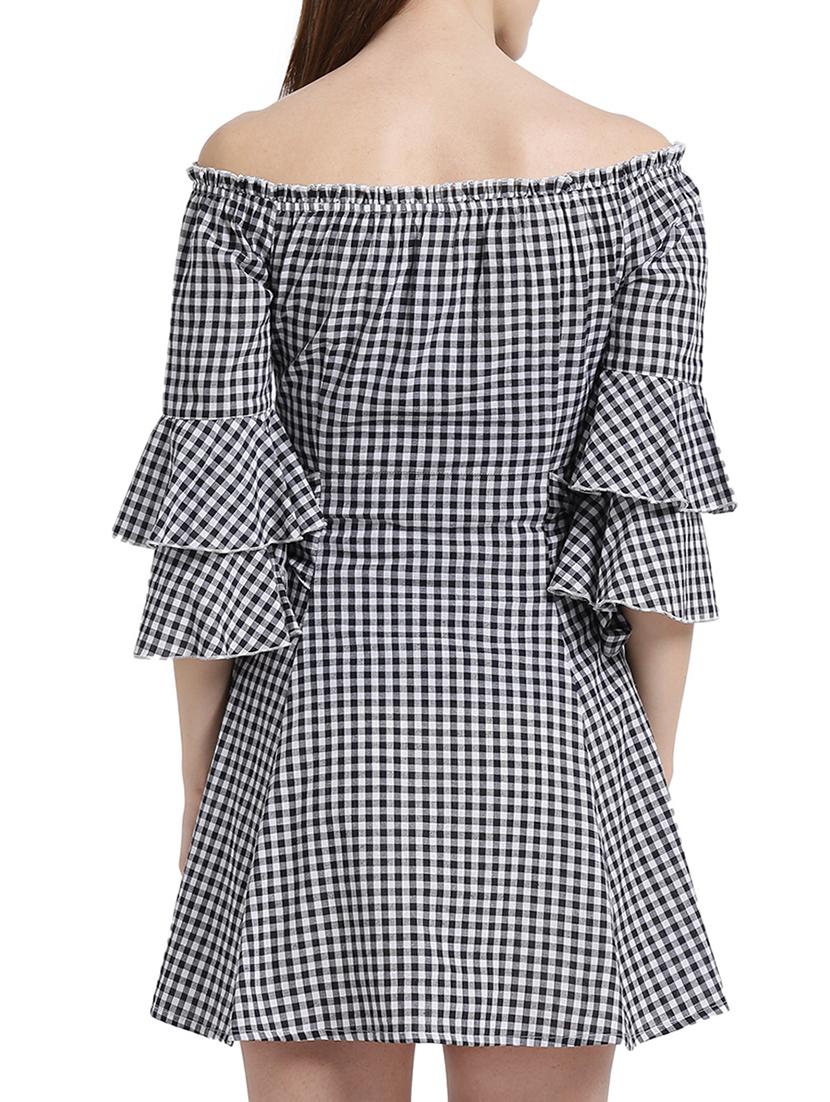 black cotton checkered off-shoulder dress - 15019194 - Zoom Image - 4