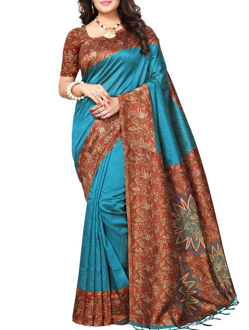 contrast bordered printed saree with blouse - 15019234 - Standard Image - 1