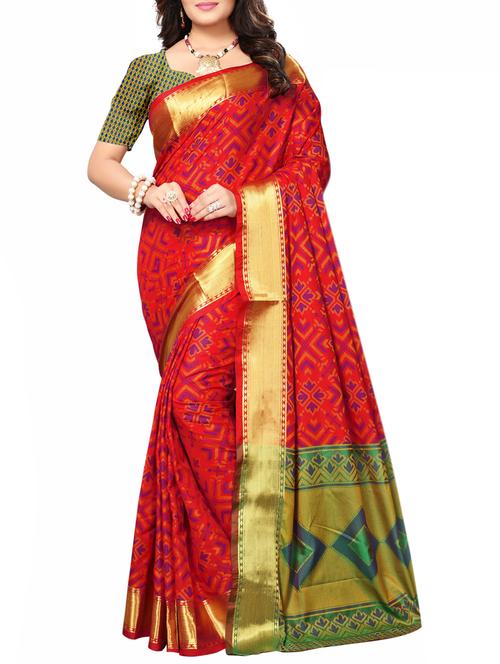 red silk blend jacquard saree with blouse - 15019251 - Very Small Image - 1
