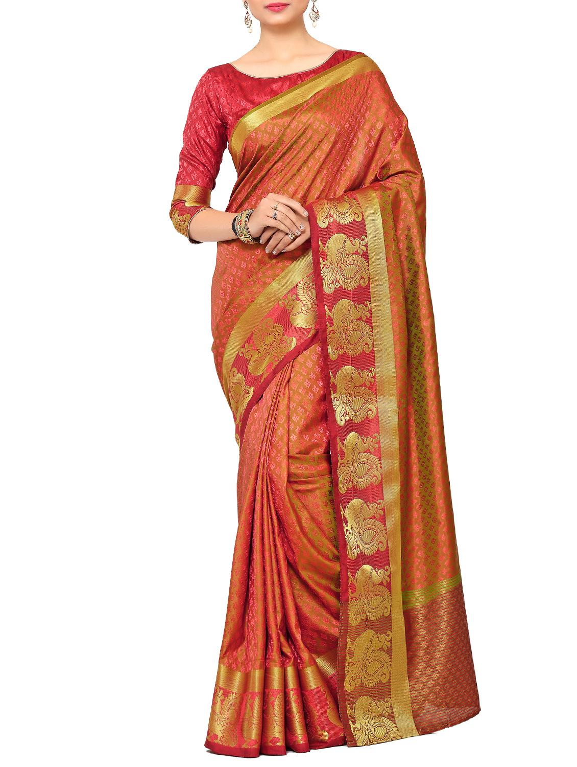 orange art silk woven saree with blouse - 15019307 - Zoom Image - 1