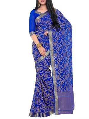 blue chiffon woven saree with blouse - 15019312 - Standard Image - 1