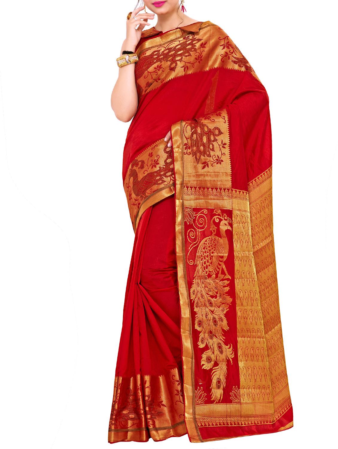 red art silk woven saree with blouse - 15019323 - Zoom Image - 1