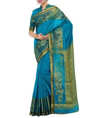 turquoise art silk woven saree with blouse - 15019326 - Standard Image - 1