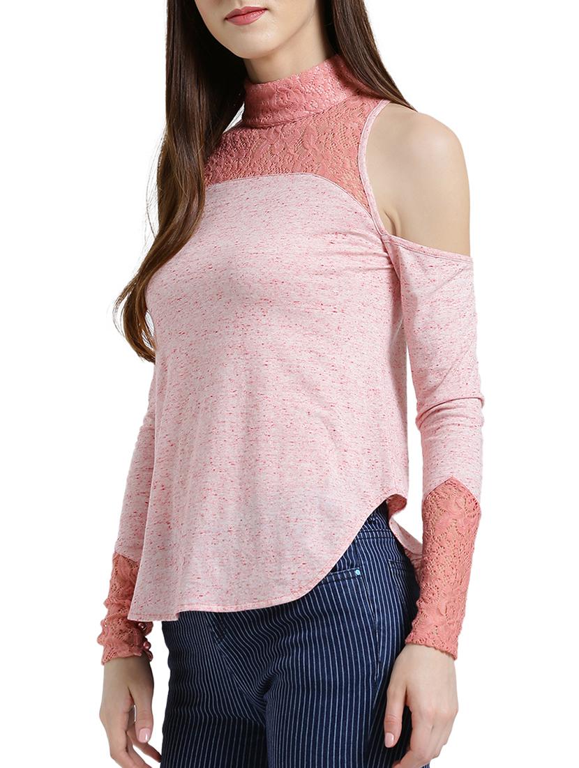 pink solid cotton cold shoulder top - 15019693 - Zoom Image - 2