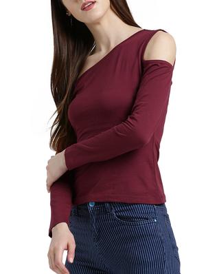 maroon solid single cold shoulder cotton top - 15019696 - Standard Image - 2