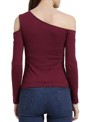 maroon solid single cold shoulder cotton top - 15019696 - Standard Image - 3