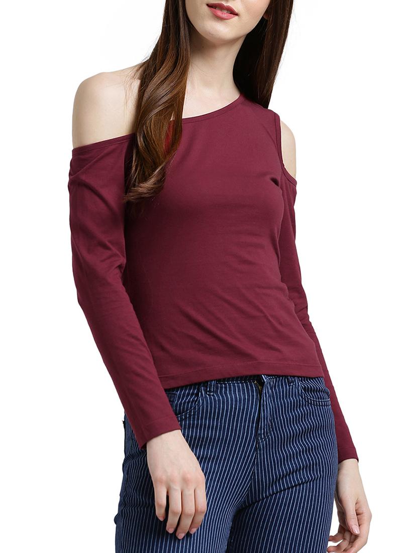 maroon solid single cold shoulder cotton top - 15019696 - Zoom Image - 1