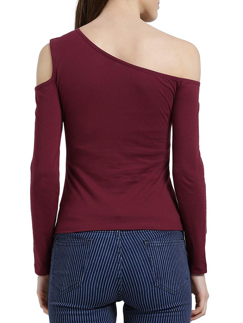 maroon solid single cold shoulder cotton top - 15019696 - Zoom Image - 3