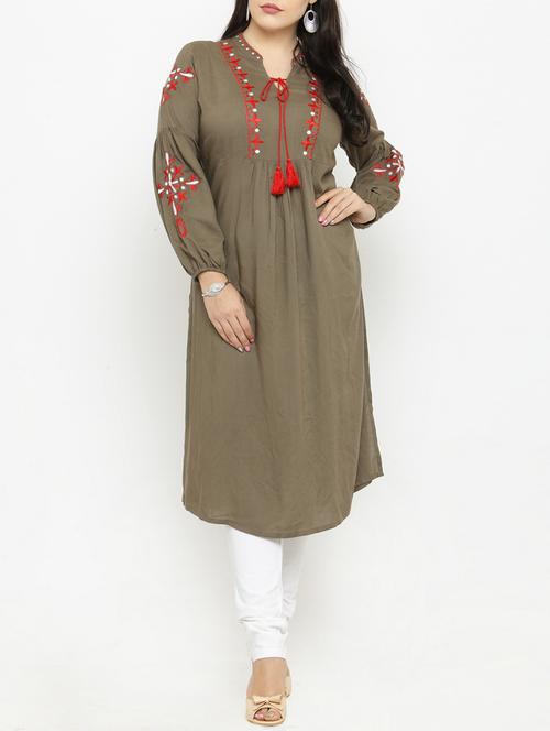 green cotton aline kurta - 15019762 - Standard Image - 1