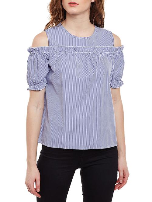 frilled cold shoulder striped top - 15020114 - Very Small Image - 1