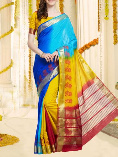 Delicate golden border color block saree with blouse - 15020137 - Very Small Image - 1