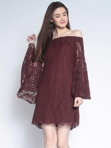maroon nylon off shoulder dress - 15020371 - Very Small Image - 1