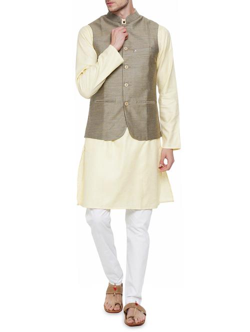 yellow cotton kurta pyjama set with waistcoat - 15020930 - Standard Image - 1