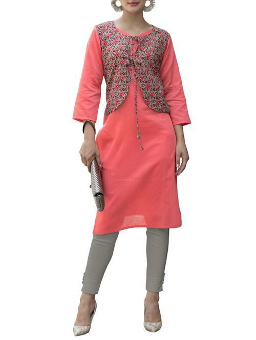 peach cotton straight kurta - 15021163 - Standard Image - 1
