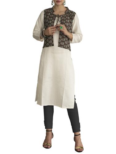 cream cotton straight kurta with jacket. - 15021175 - Very Small Image - 1
