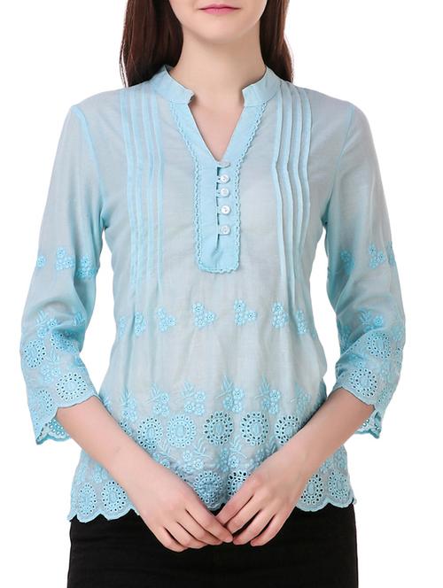 solid light blue embroidered top - 15021225 - Standard Image - 1